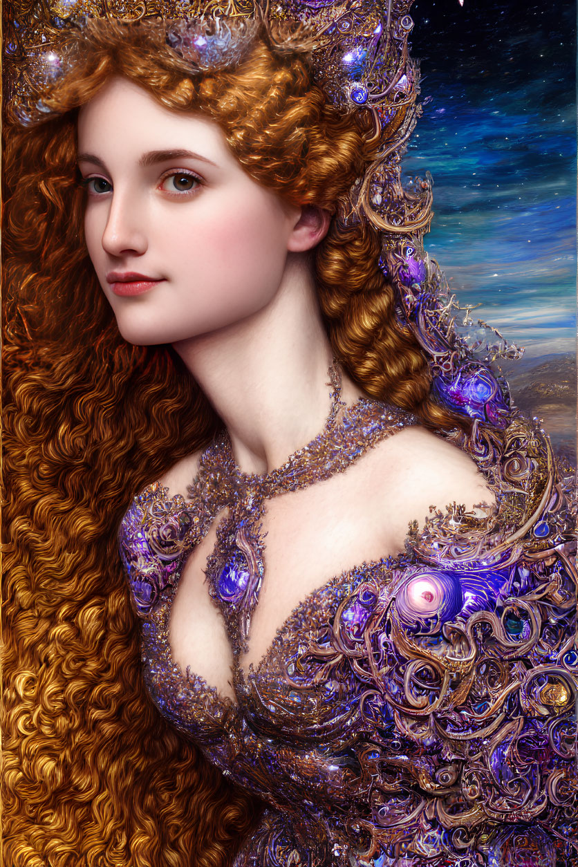 Woman with Curly Red Hair in Fantasy Attire on Starry Background