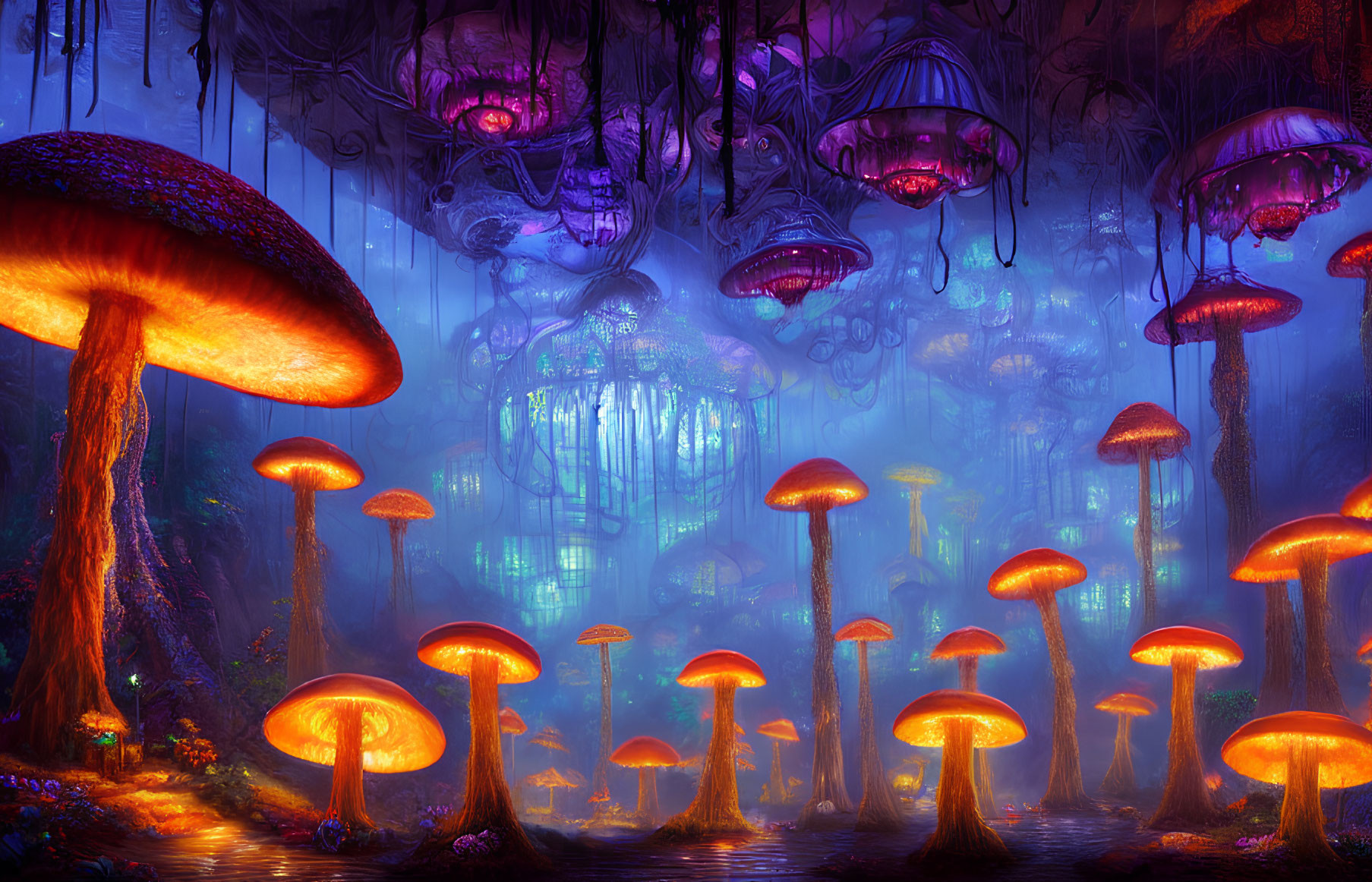 Enchanting forest with oversized mushrooms and floating jellyfish-like plants