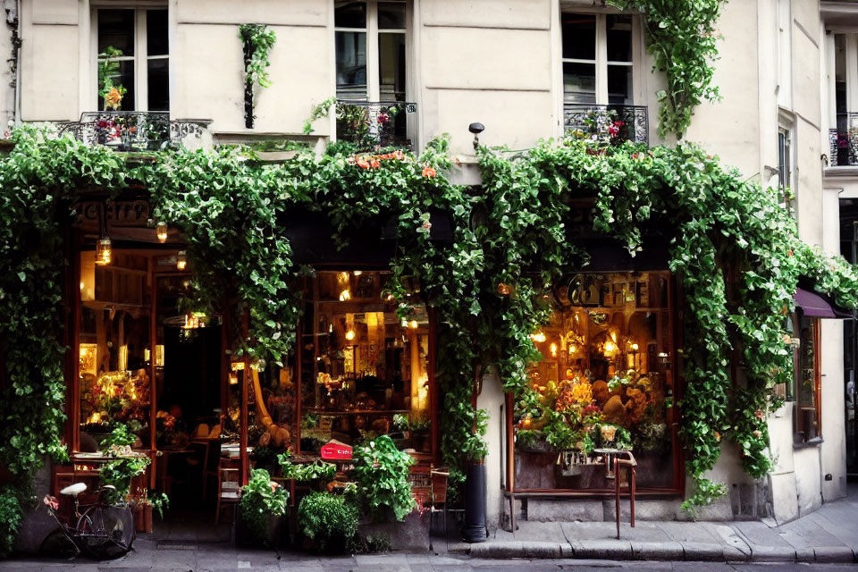 Cozy café facade with green plants, warm lighting, outdoor seating, and French windows