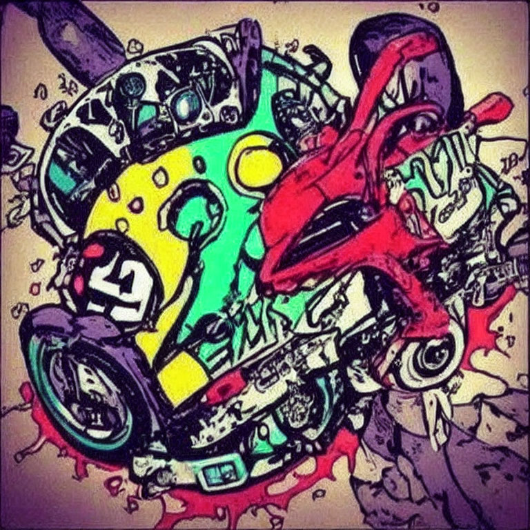 Colorful Abstract Graffiti Art: Chaotic Blend of Shapes, Colors, and Mechanical Elements