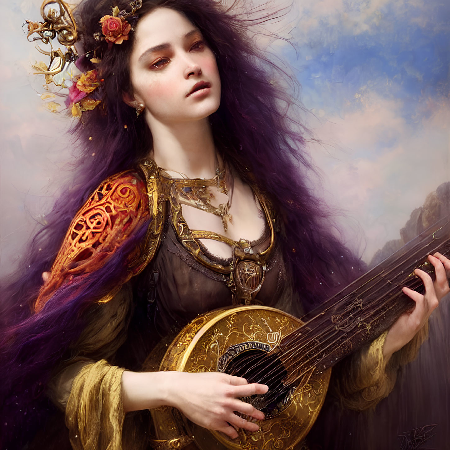 Purple-haired woman in armor playing lute under cloudy sky