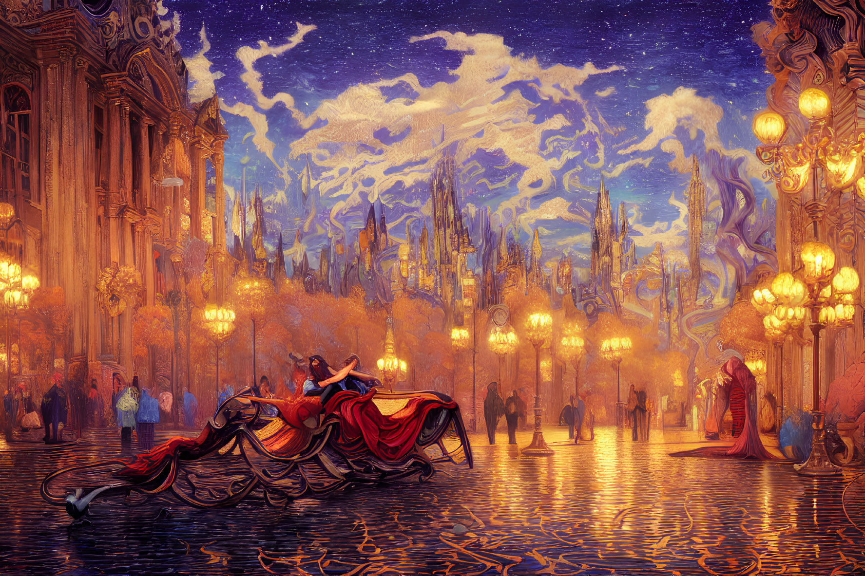 Fantastical gondola scene in golden-lit canal city