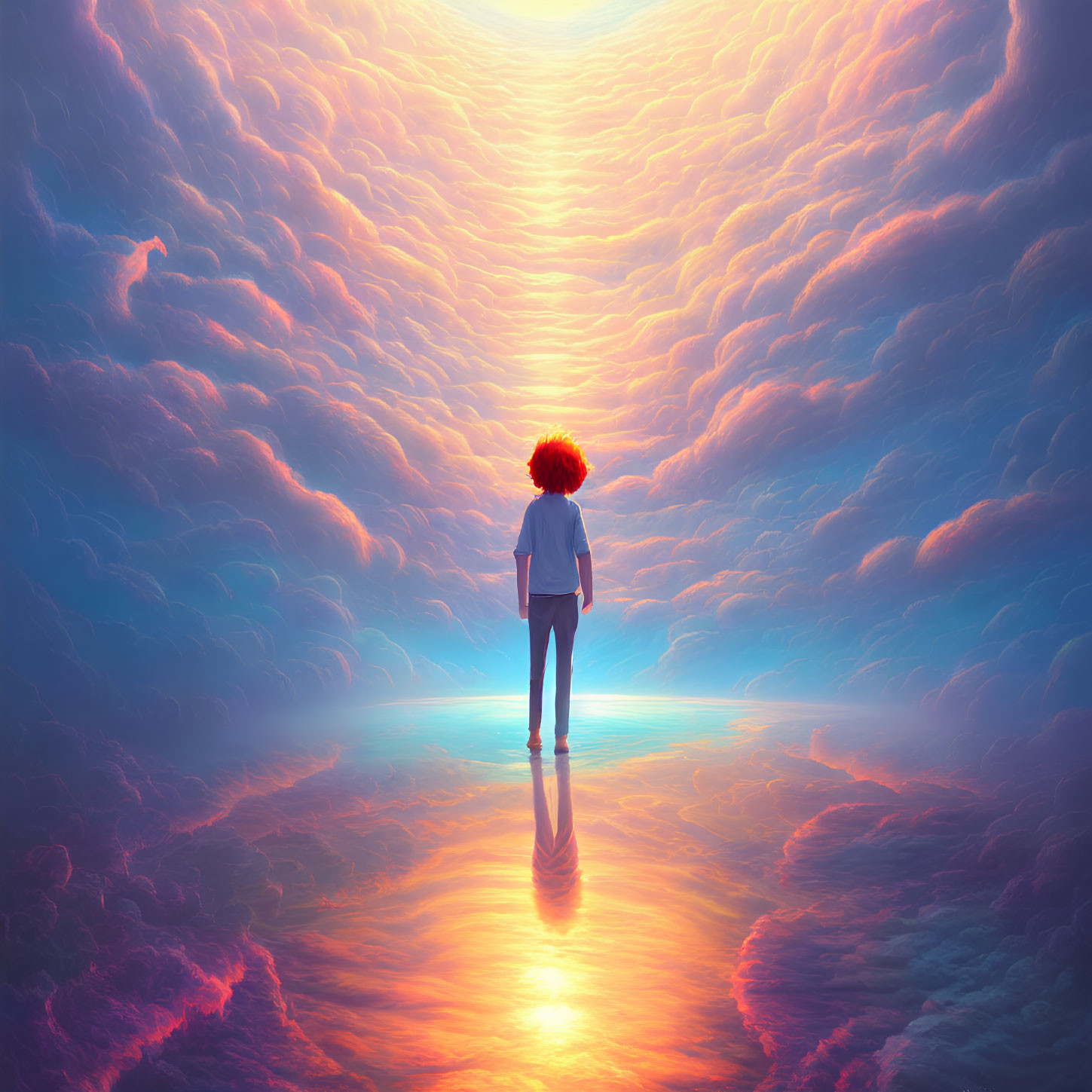 Vibrant red afro person under colorful sky with reflective clouds