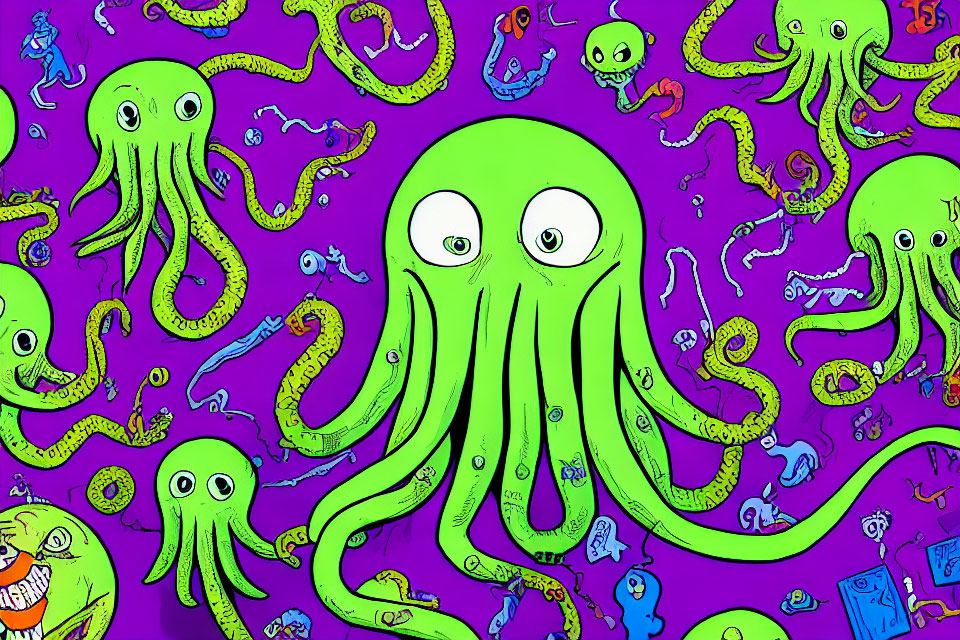 Colorful Cartoon Illustration of Green Octopuses on Purple Background