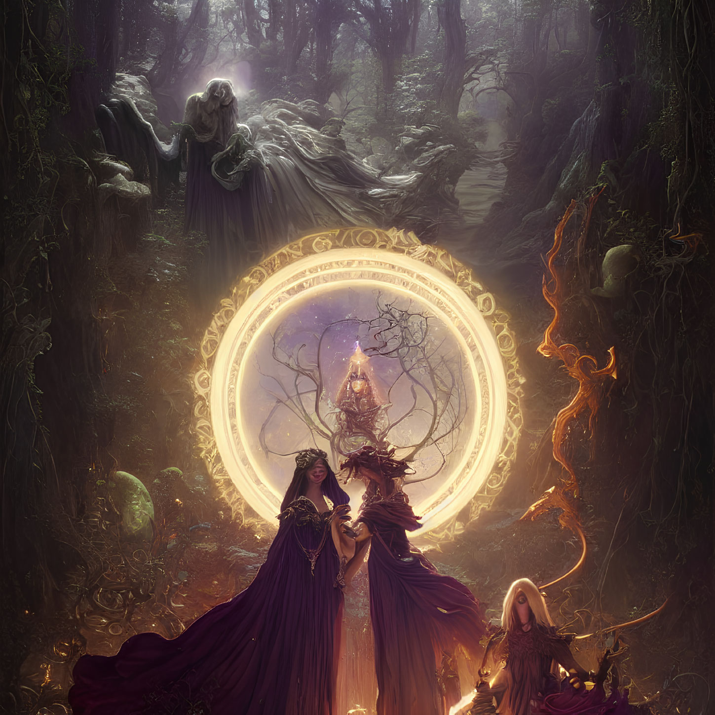 Mystical forest scene with robed figures and glowing circle