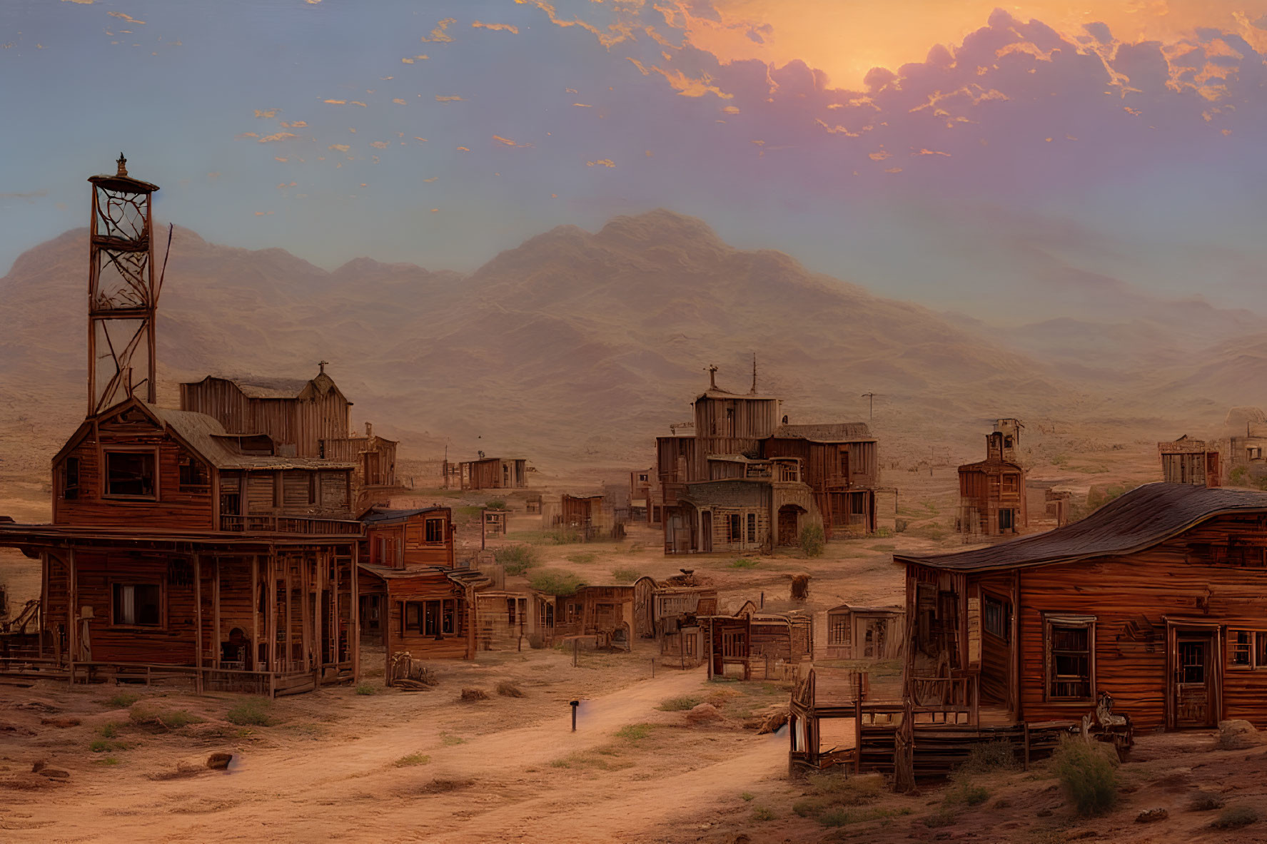 Vintage Western town scene at dusk with wooden buildings, dusty road, and mountain backdrop.