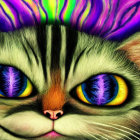 Colorful stylized cat with galaxy swirl eyes in close-up view