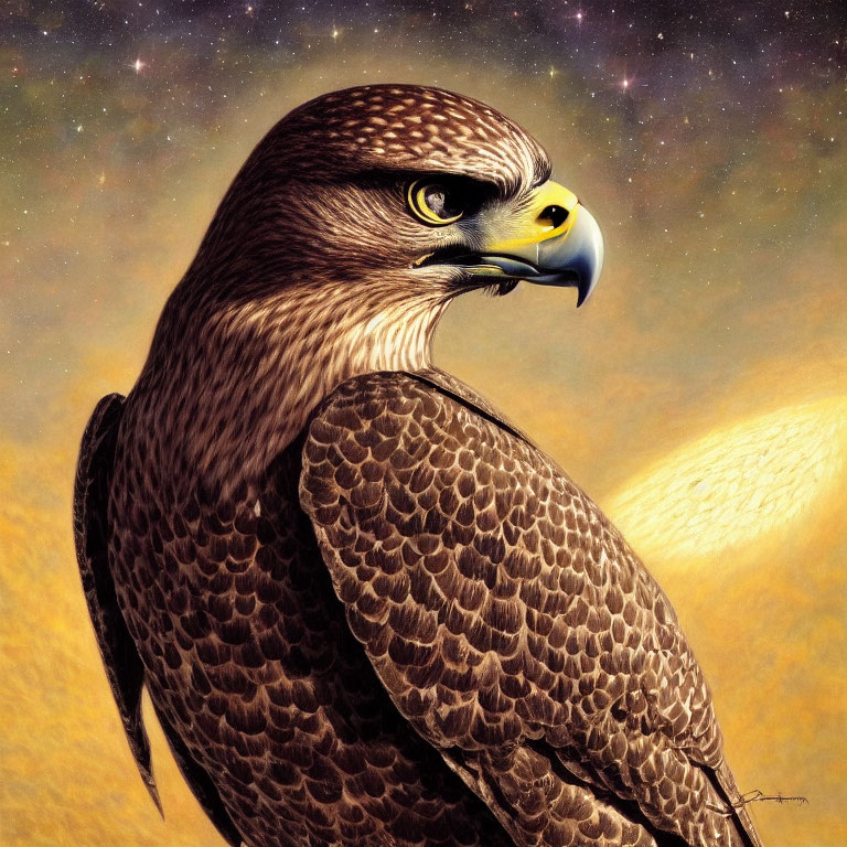 Detailed illustration of majestic eagle with sharp eyes and brown feathers in celestial backdrop.