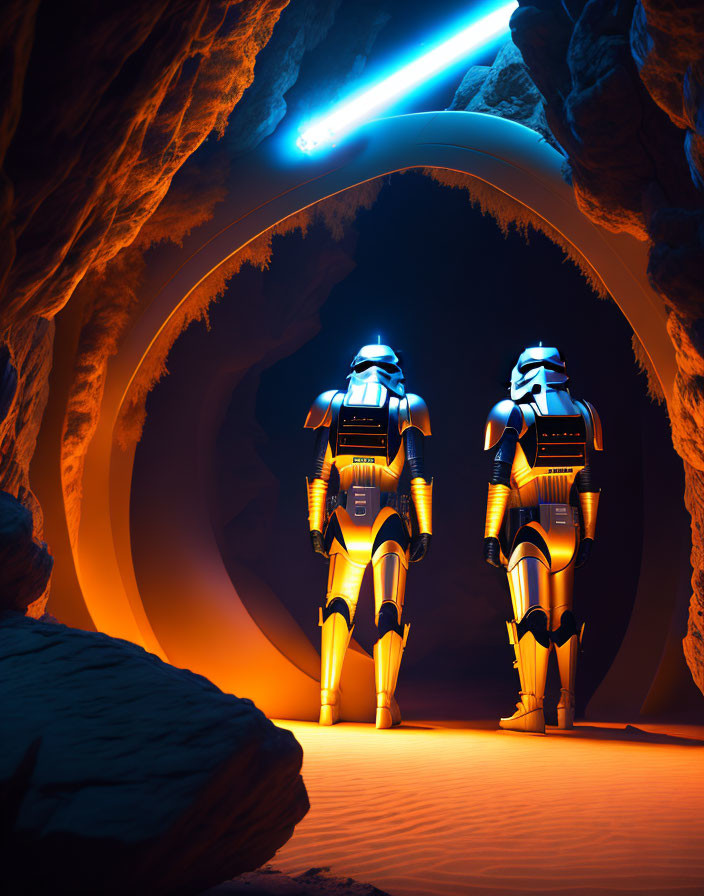 Futuristic astronauts in cave with blue and orange lighting