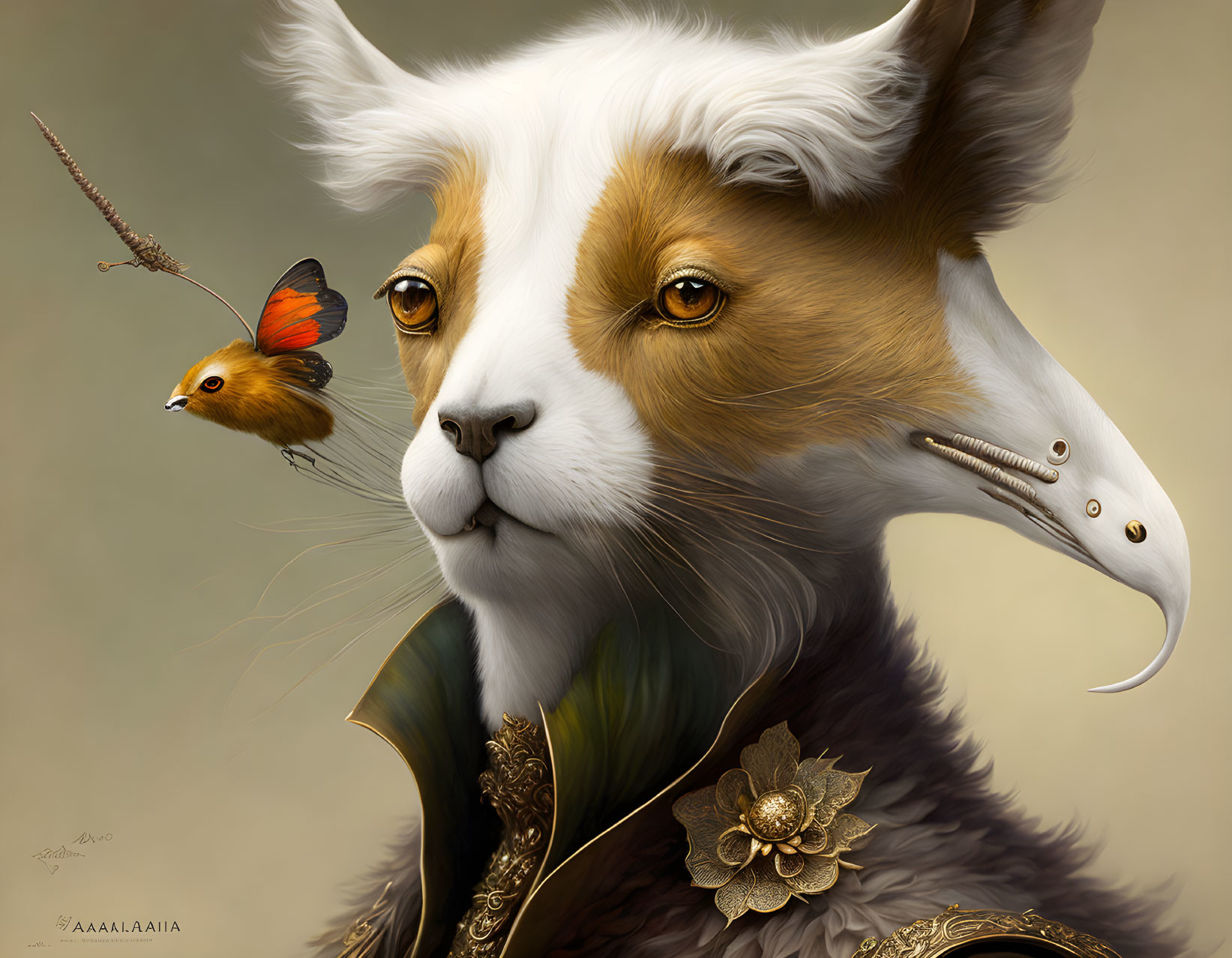 Fantastical creature with fox and owl features in vintage attire.