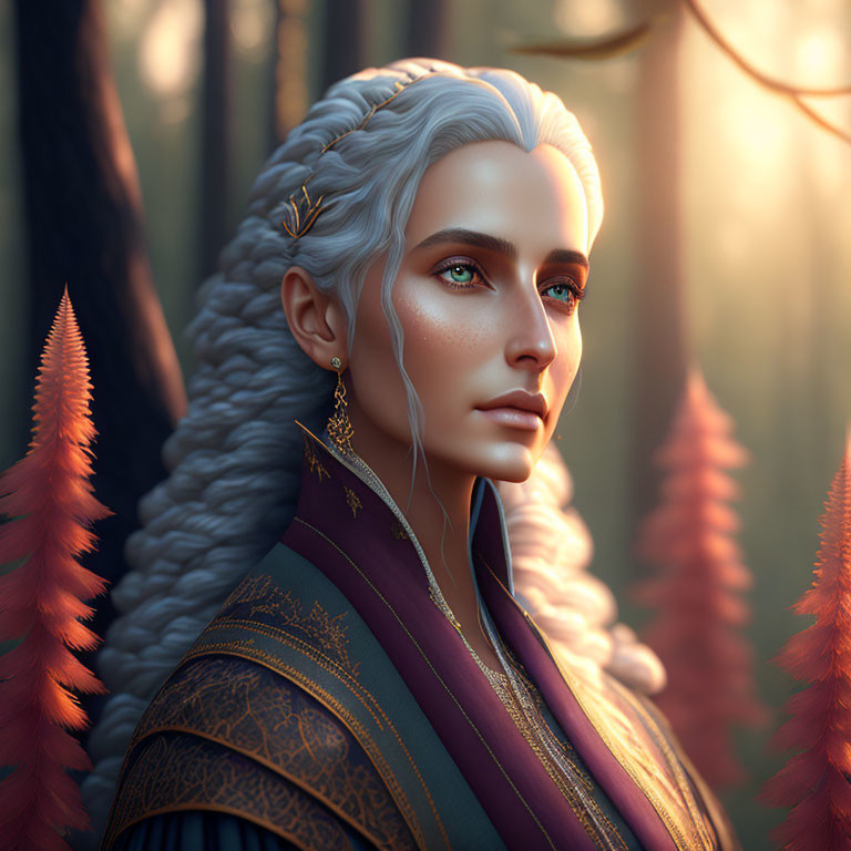 Elven figure with white hair and golden jewelry in forest scenery