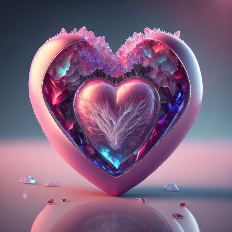 3D-rendered nested heart shapes with crystal texture and feather, on gradient background