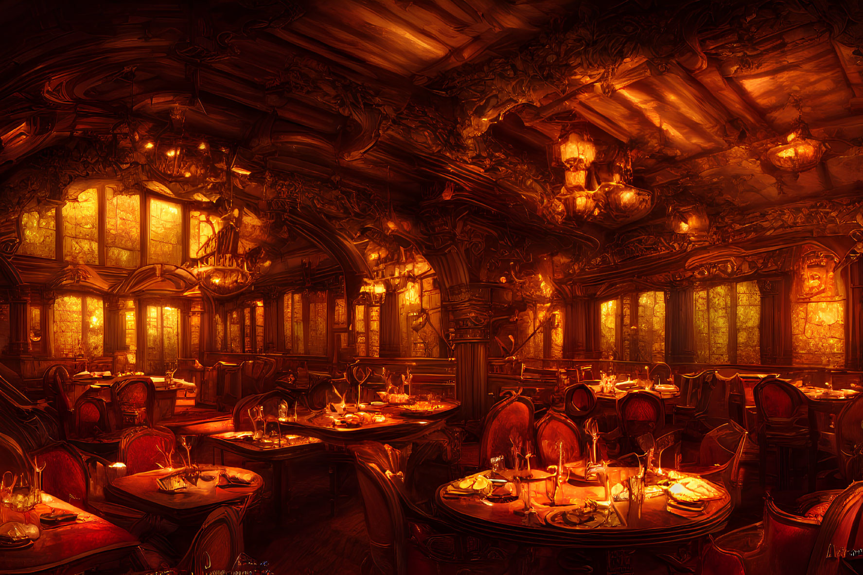 Dimly-lit dining hall with wooden beams and stained glass windows