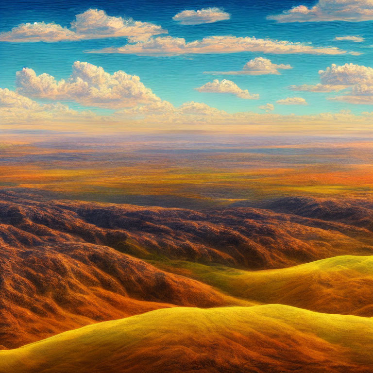 Vibrant Textured Landscape with Undulating Hills and Blue Sky