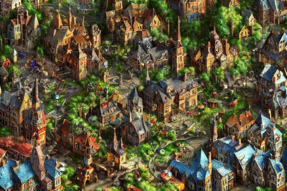 Detailed illustration of bustling medieval village with intricate buildings, lush greenery, cobblestone paths, and