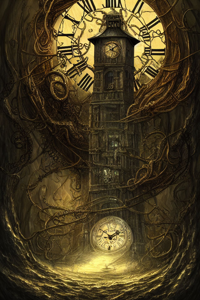 Intricate Clock Tower with Swirling Clock Hands and Gears on Dark Golden Background