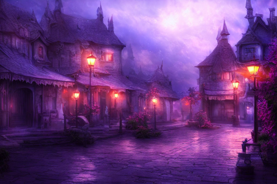 Mystical cobblestone street at twilight with old-world houses and lantern light