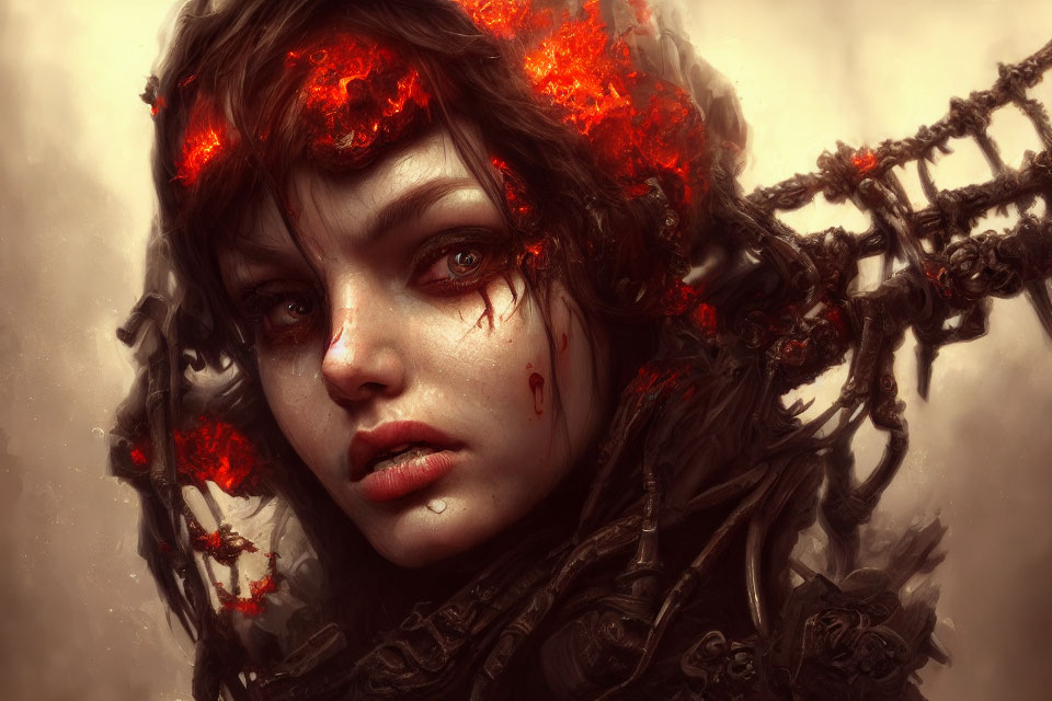 Woman with ethereal eyes crowned with glowing embers and branches in misty setting