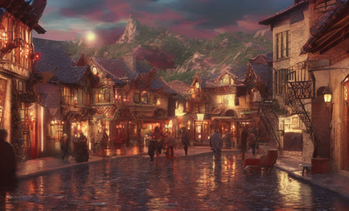 European-style village at dusk with cobblestone streets, warm lights, people, and mountain backdrop