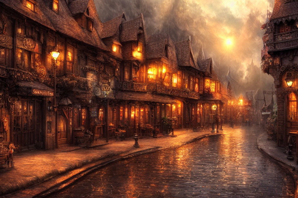 Historic cobblestone street with old-fashioned buildings and warm glowing lights