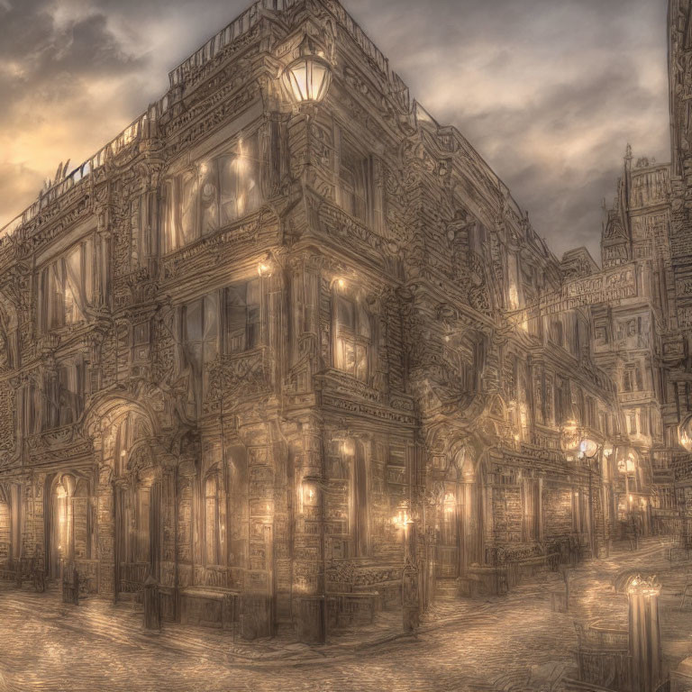 Ornate vintage corner building with street lamps on cobblestone street