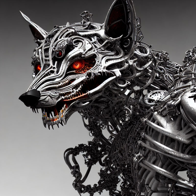 Intricate metallic wolf sculpture with glowing red eyes and sharp teeth