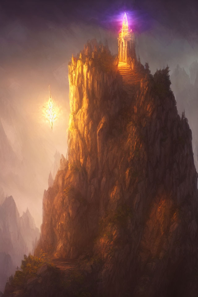 Fantasy landscape with glowing crystal tower and floating lantern