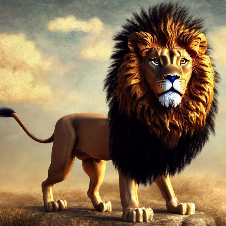 Majestic lion digital painting on sunlit savannah