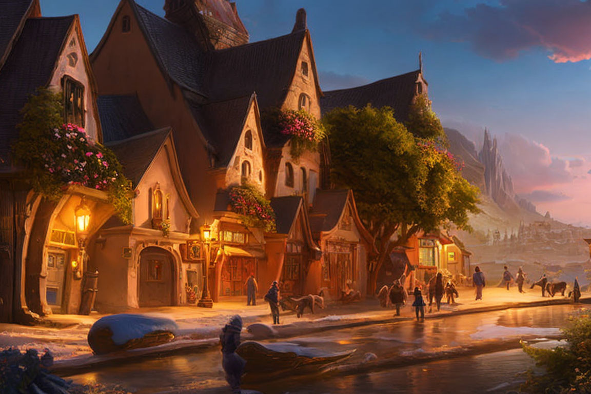 Colorful fantasy village at sunset with people, flower-adorned houses, and distant mountain.