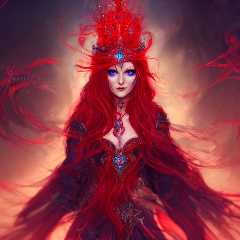 Vibrant red hair and elaborate headgear on mystical figure in hazy red setting