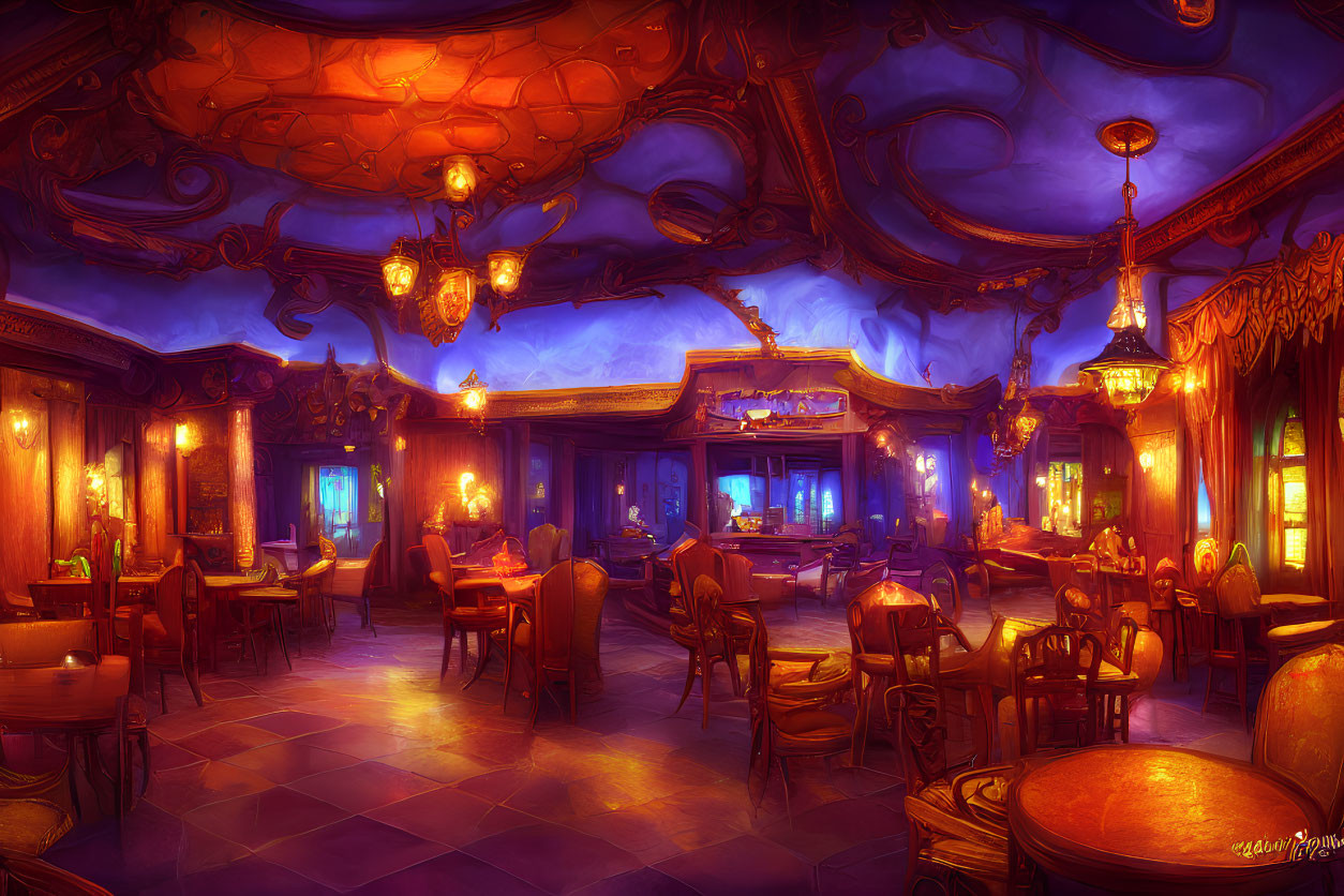 Opulent Fantasy-Themed Tavern with Warm Lighting & Ornate Wooden Furnishings