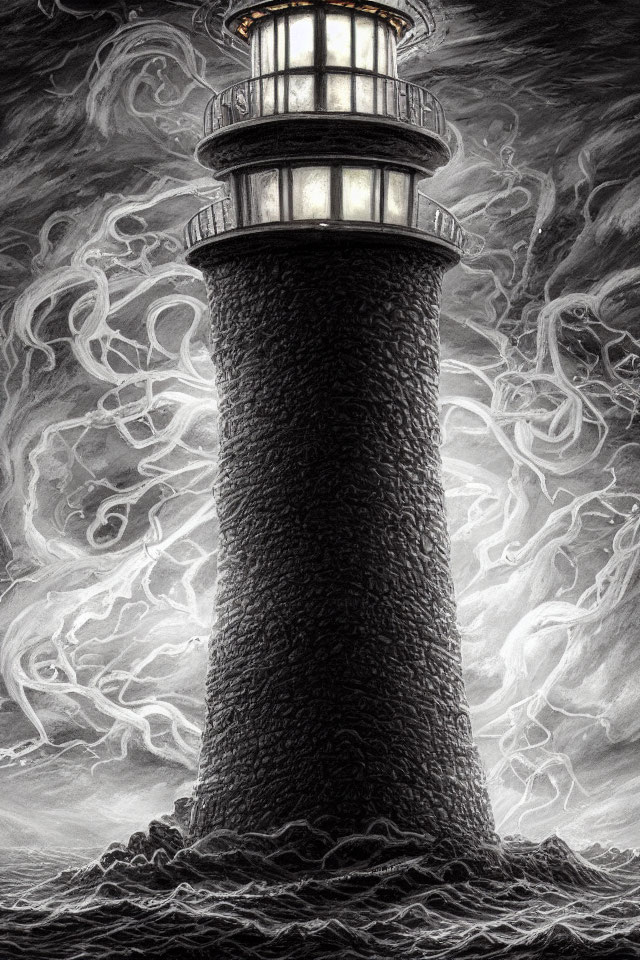 Monochrome drawing of a lighthouse in stormy sea