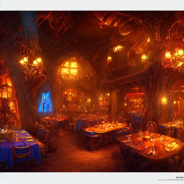 Cozy fantasy tavern with wooden interiors and glowing lights