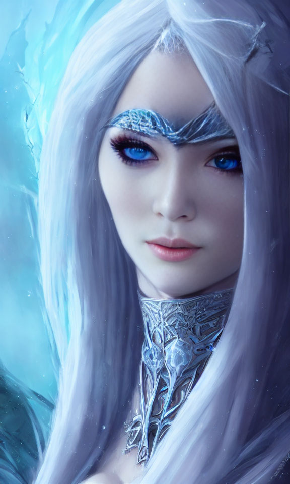 Fantasy character with silver hair, blue eyes, ornate mask, and ice-like adornments