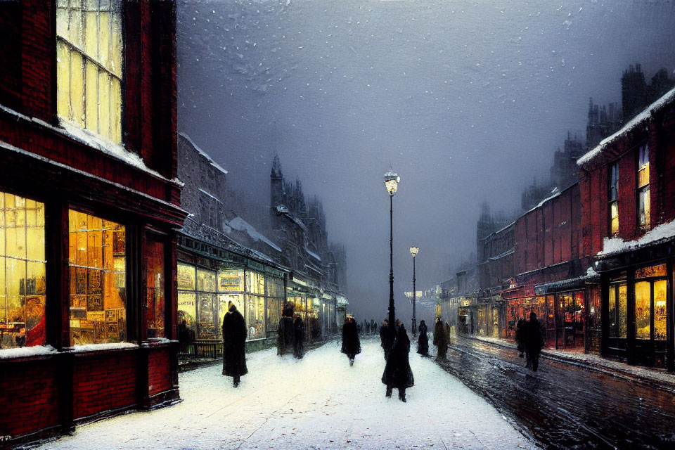 City street scene on a snowy evening with pedestrians and glowing shop fronts