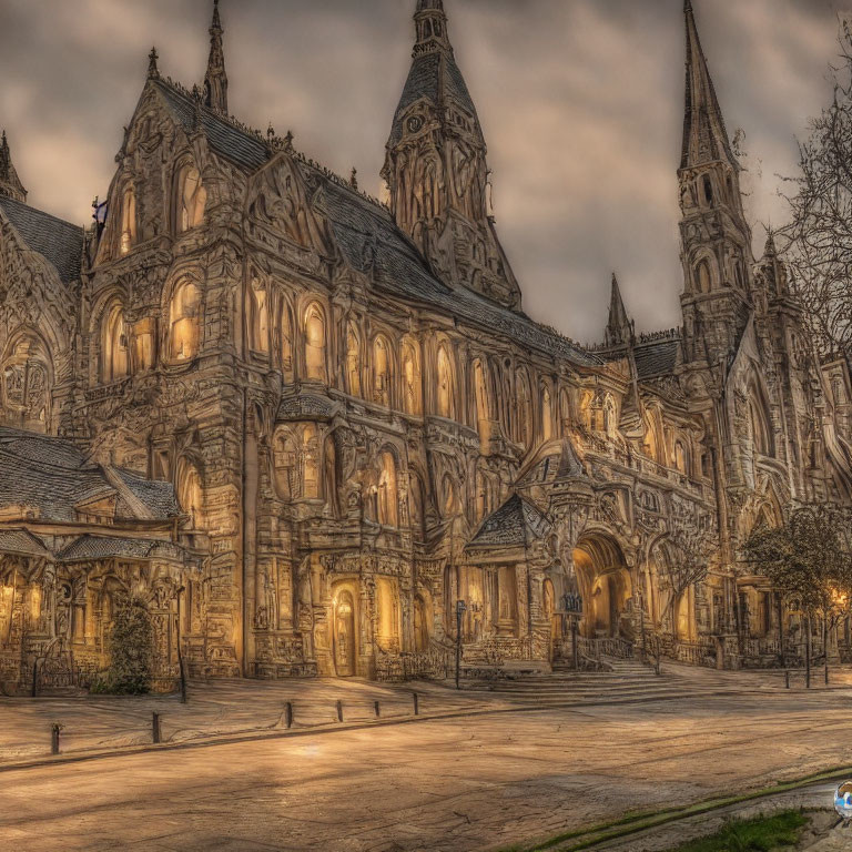 Gothic church with intricate facades and spires at dusk in HDR.