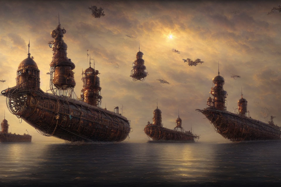 Fantastical steampunk airships over tranquil sea under cloudy sky