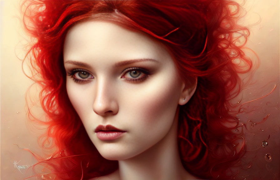 Digital portrait: Woman with red hair and green eyes on soft-focus background