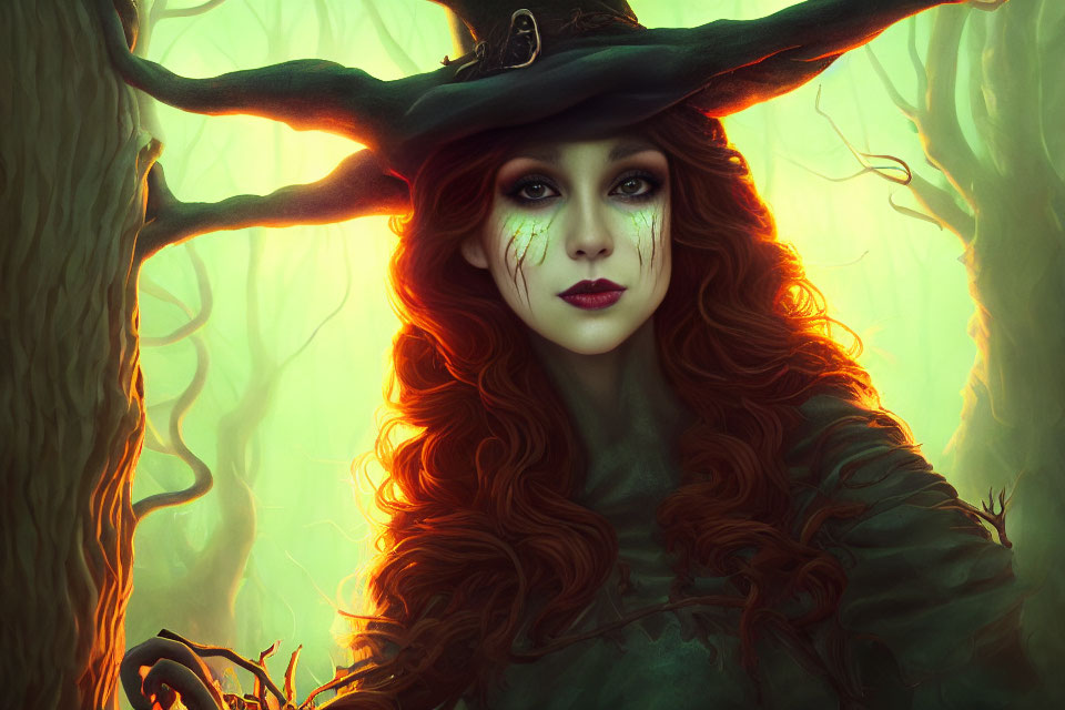 Red-haired woman with forest-themed makeup in twig hat in mystical green-lit woodland