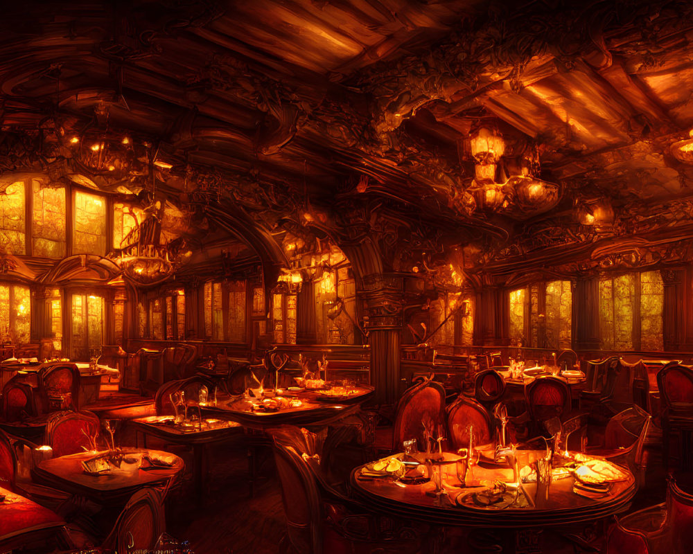 Dimly-lit dining hall with wooden beams and stained glass windows