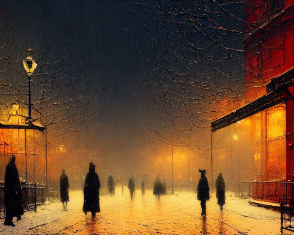 Snowy evening scene: dimly lit street, figures walking, red building windows, glowing lamp post