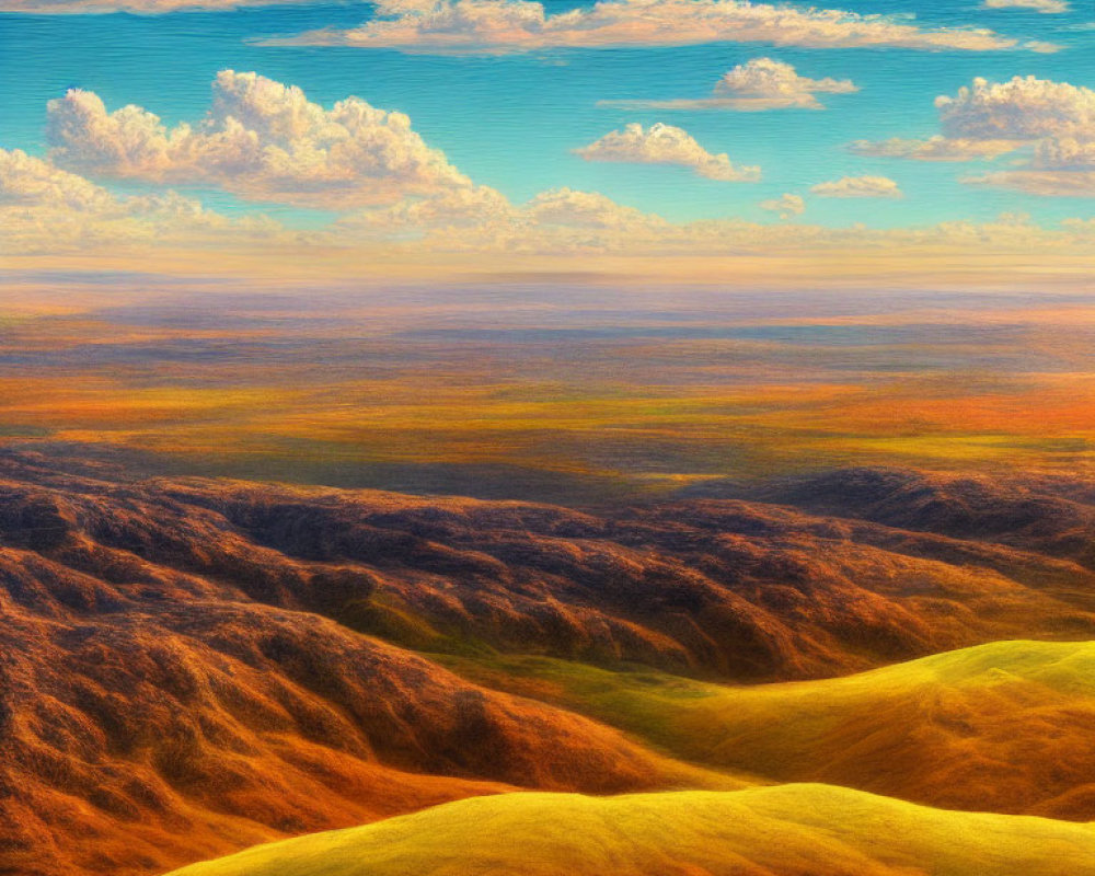 Vibrant Textured Landscape with Undulating Hills and Blue Sky