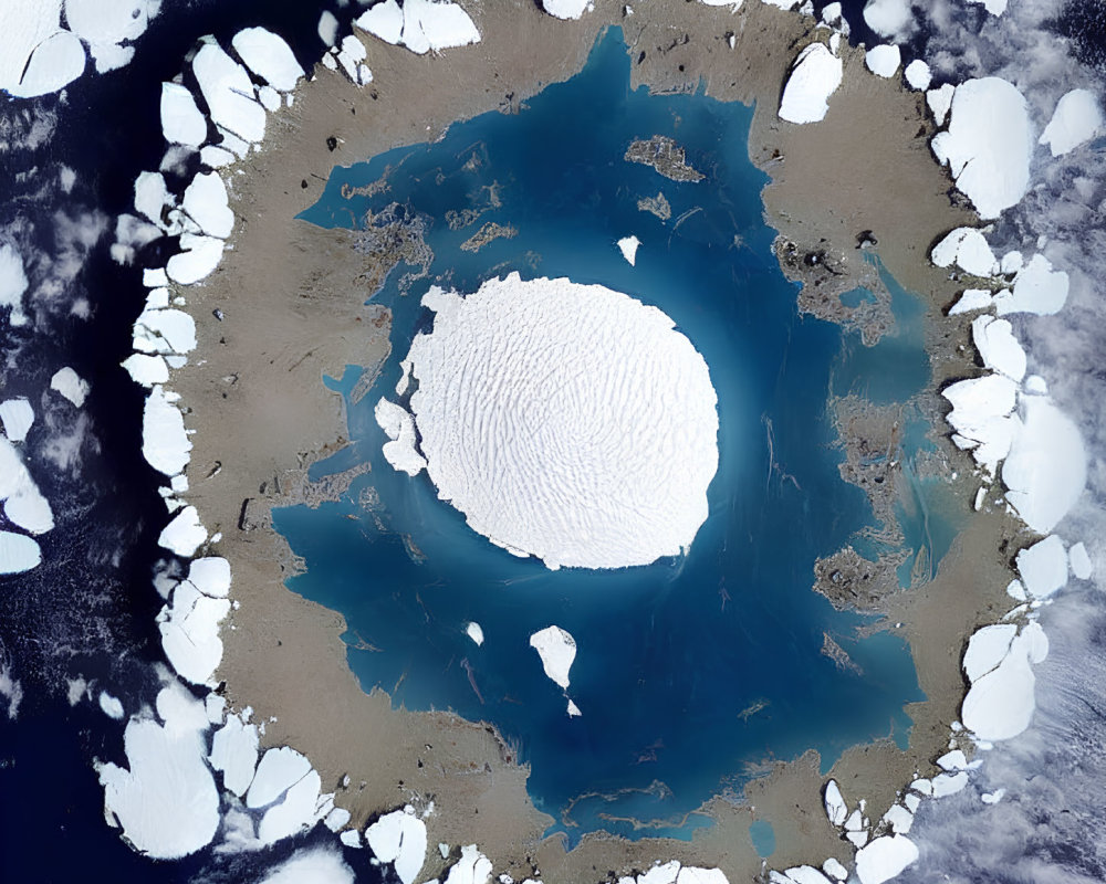 Satellite View of Ice-Covered Body of Water with Central Ice Formation