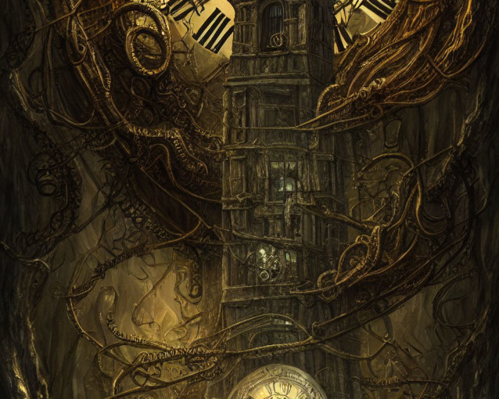 Intricate Clock Tower with Swirling Clock Hands and Gears on Dark Golden Background