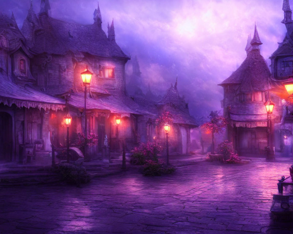 Mystical cobblestone street at twilight with old-world houses and lantern light