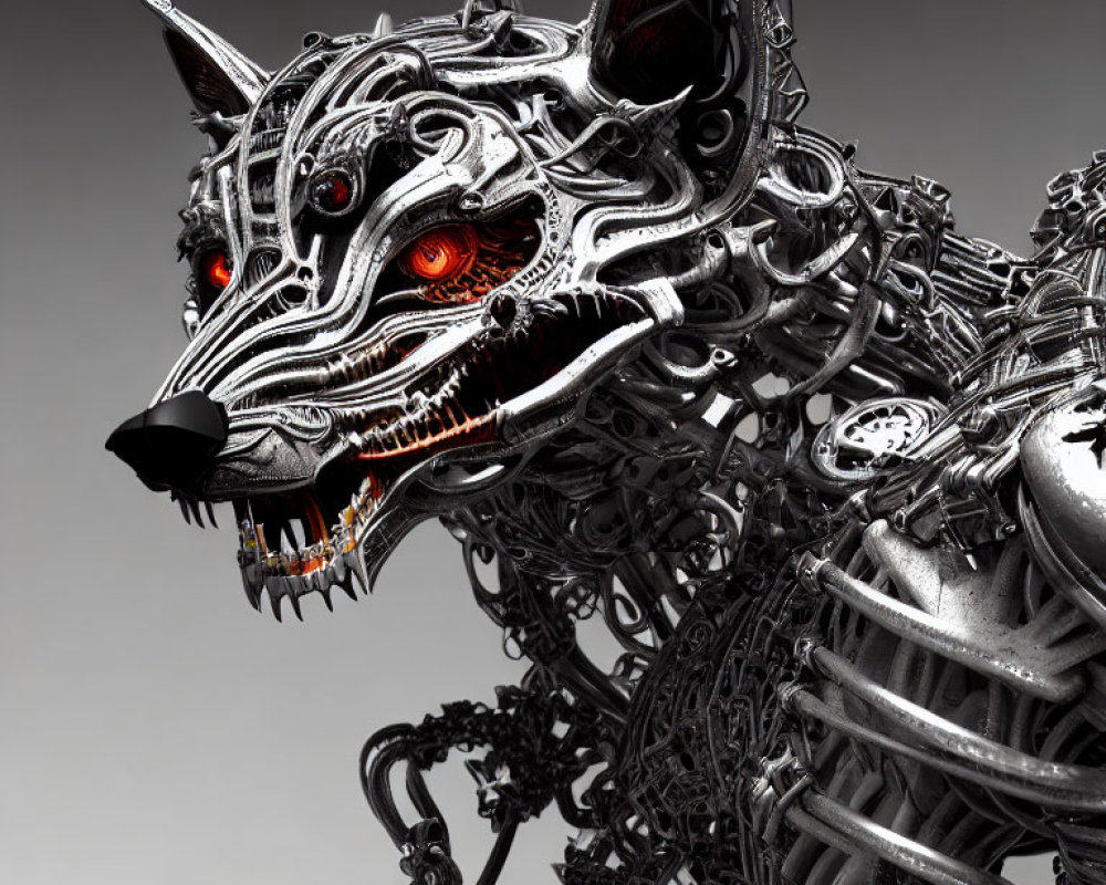 Intricate metallic wolf sculpture with glowing red eyes and sharp teeth