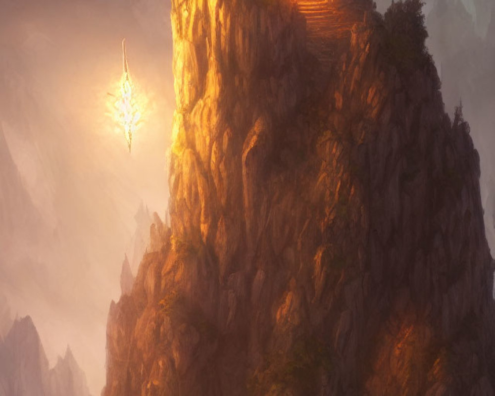 Fantasy landscape with glowing crystal tower and floating lantern