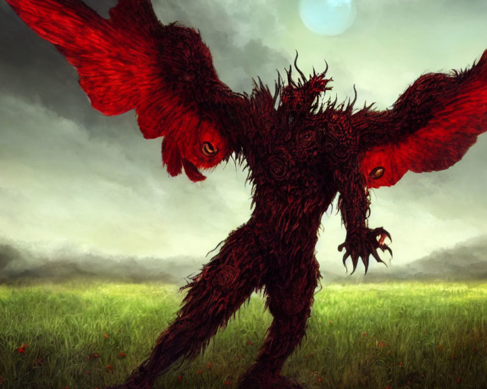 Menacing tree-like creature with red wings and glowing eyes in gloomy field