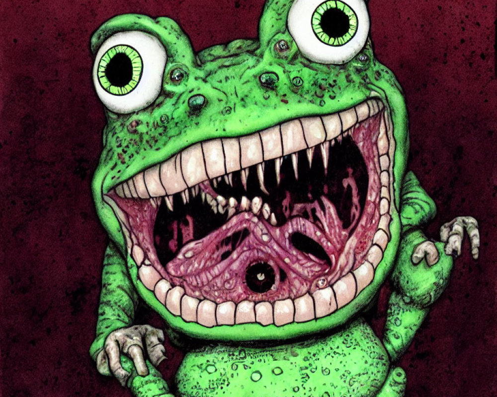 Stylized green frog with wide eyes and hidden creature illustration