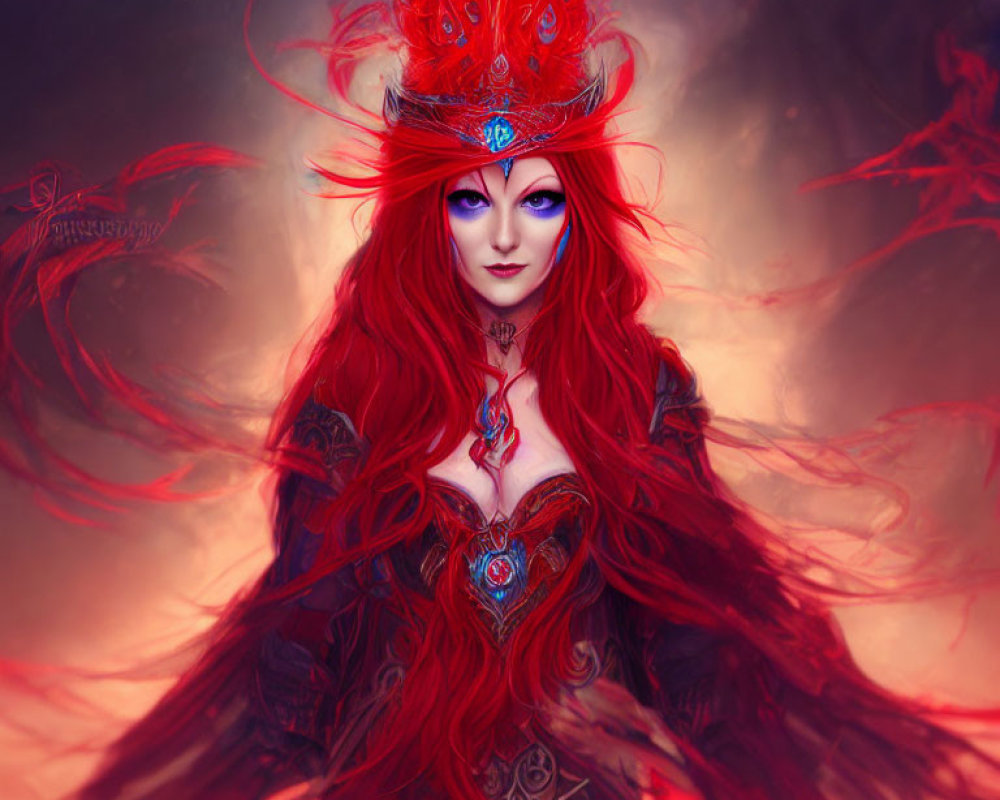 Vibrant red hair and elaborate headgear on mystical figure in hazy red setting